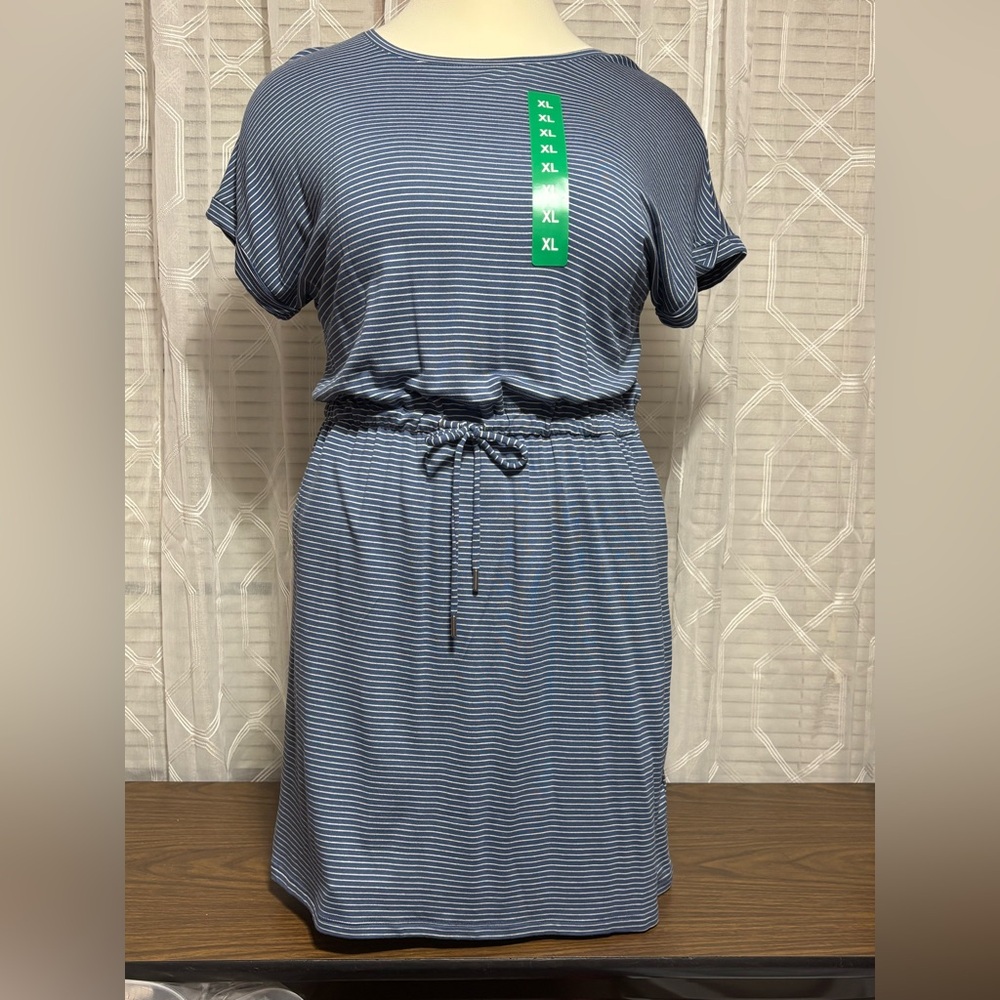 NWT Hilary Radley XL Striped Blue Drawstring Waist Casual Dress 23” p2p 40”L